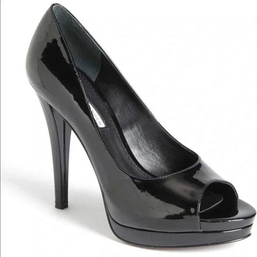 Vera Wang Lavender Nadia Black Open Toe Leather Heel Pumps Size 6